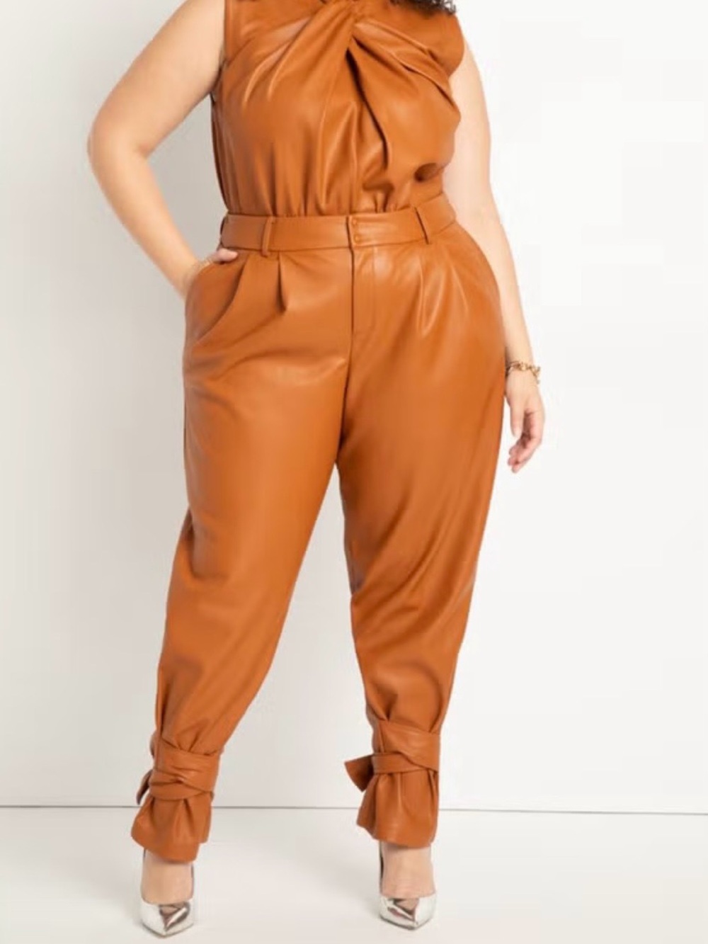 Eloquii Faux Leather High-Waist Trousers in Cognac Tan